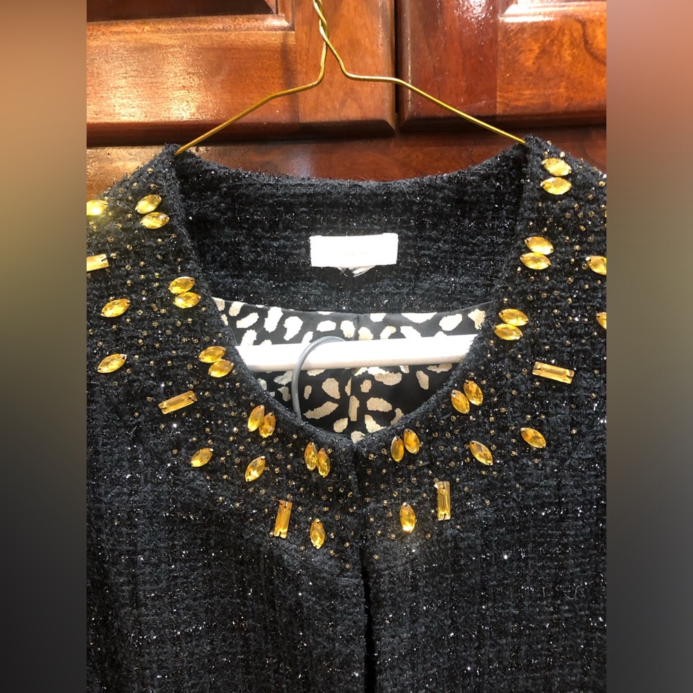 NWT Chico’s & Kasper Black Tweed Skirt Suit Sz M Gold Embellished Jacket Career - Picture 3 of 16